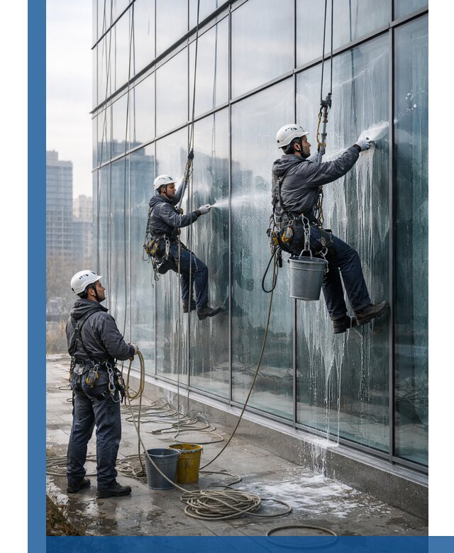 Промышленная мойка панорамных окон на высоте в Балашове