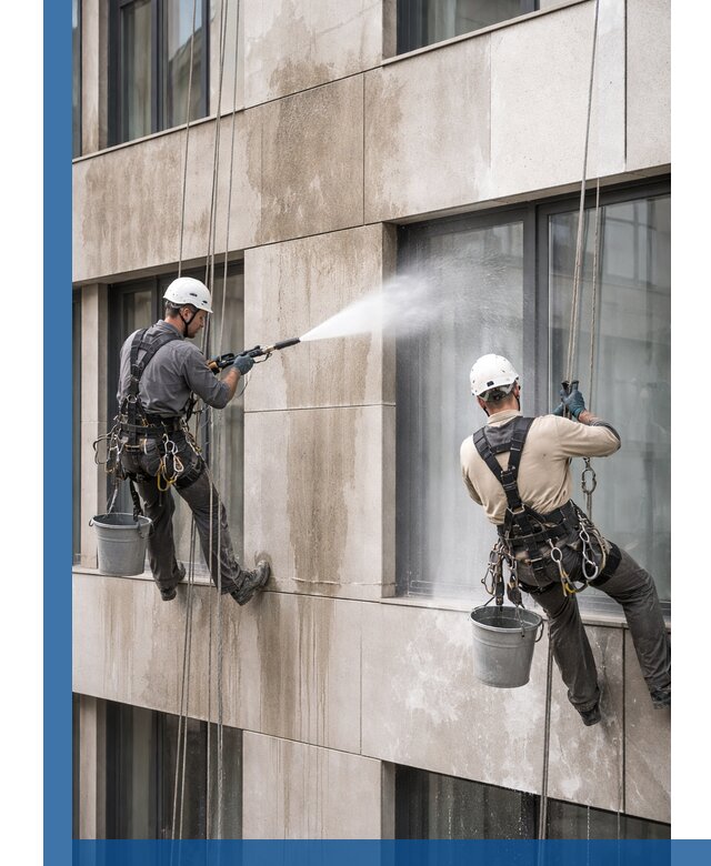 Послестроительная мойка фасада промышленным альпинизмом в Балашове