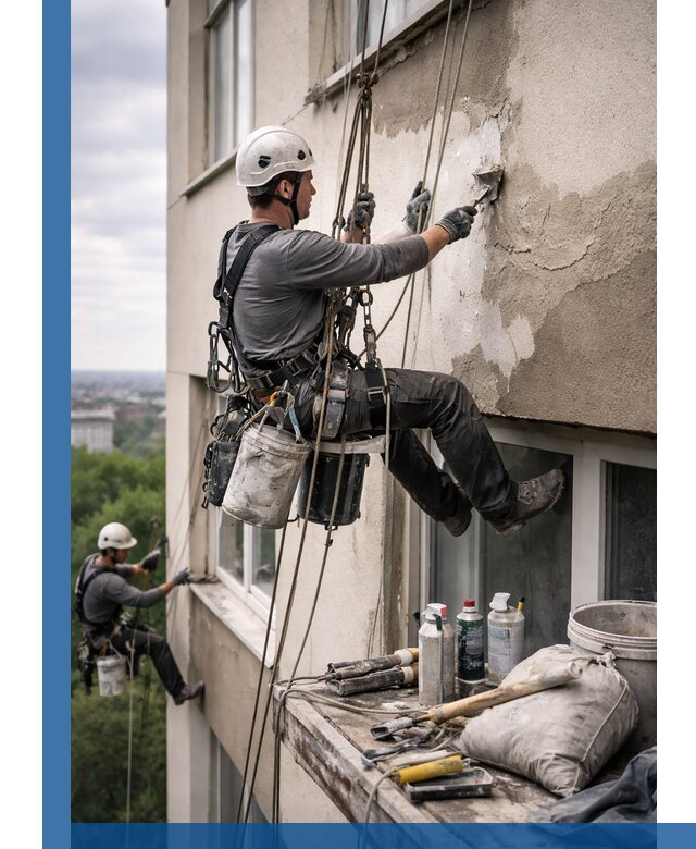 Косметический ремонт фасада зданий в Балашове промышленными альпинистами