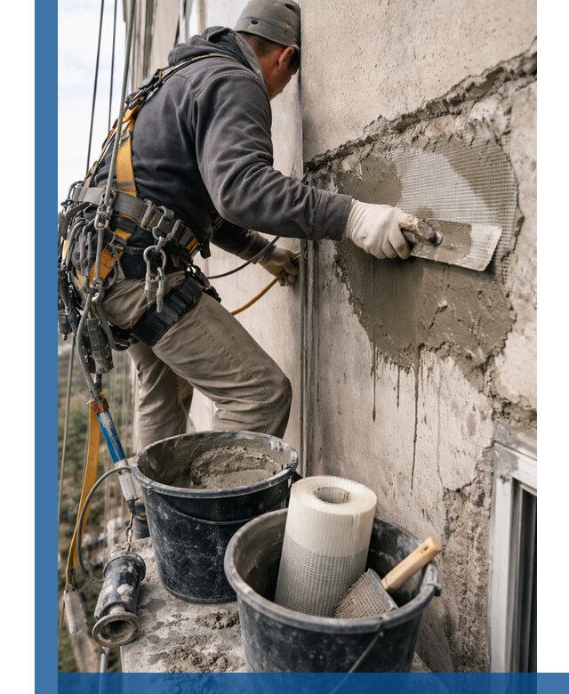 Ремонт бетонных элементов фасада промышленными альпинистами в Балашове