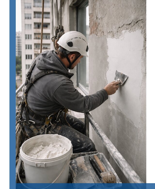 Шпаклевка фасадов на высоте с промальпинистами в Балашове