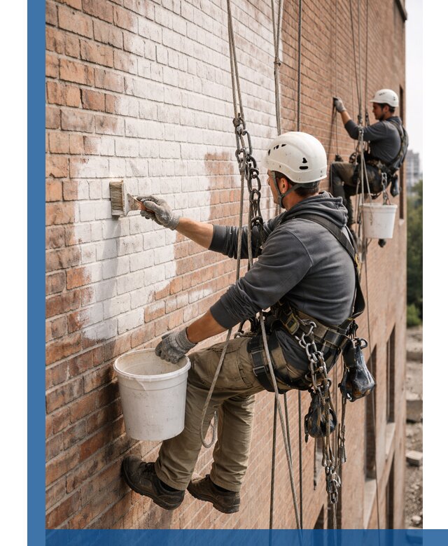 Покраска кирпичного фасада с доступным альпинистским сервисом в Балашове