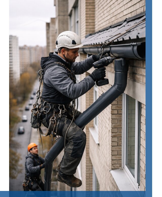 Монтаж водосточной системы на здании в Балашове от 5085 р. | ВЫСОТНИК-Бла