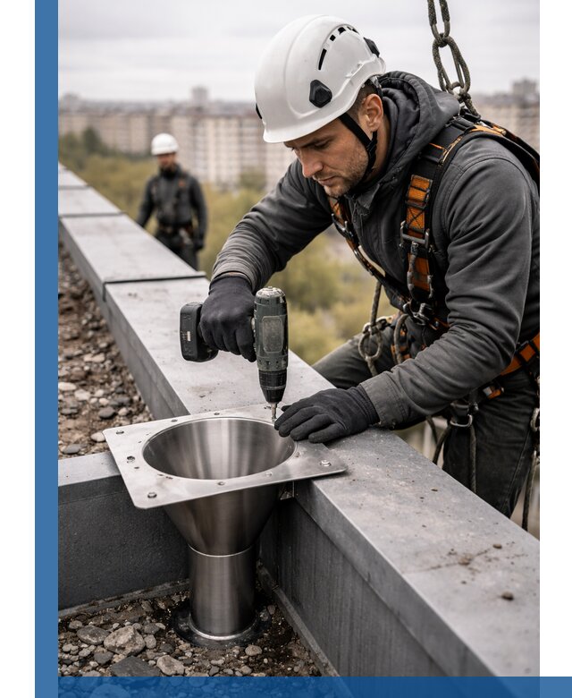 Монтаж водосточных воронок в Балашове для промышленных зданий