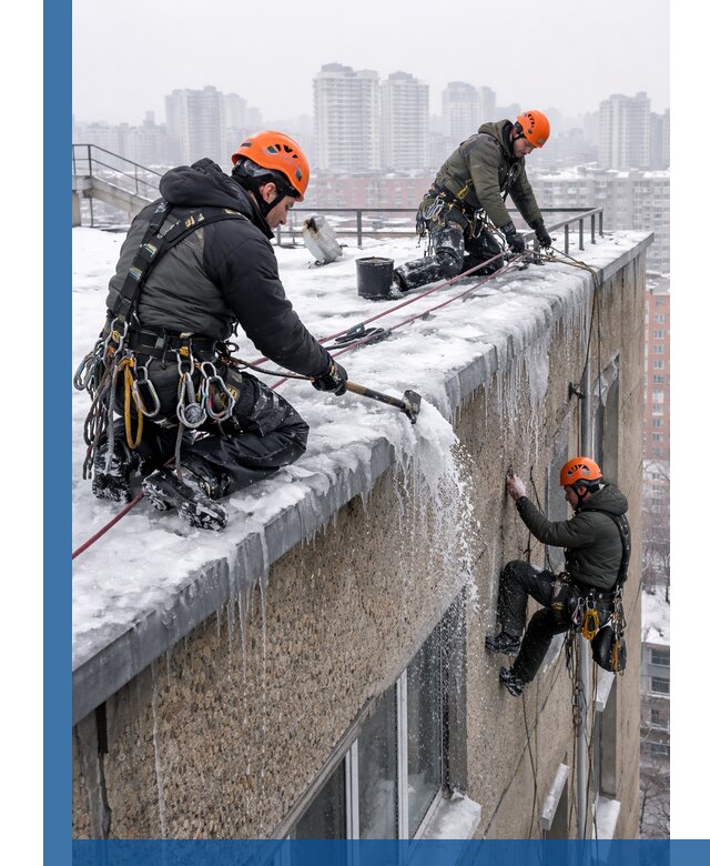 Удаление наледи с кровли в Балашове промышленными альпинистами