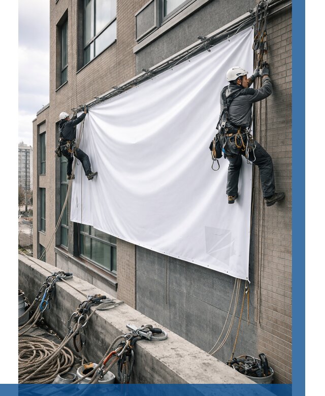 Монтаж баннеров на фасаде в Балашове от 661 р. заказать ВЫСОТНИК-Бла