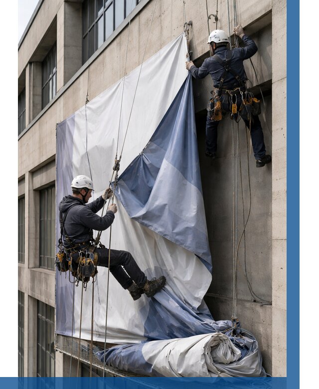 Демонтаж баннеров с фасада в Балашове от 4576 р. | ВЫСОТНИК-Бла