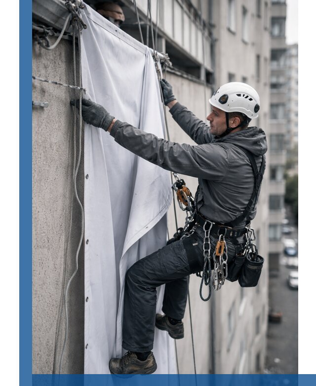 Замена баннерного полотна промышленными альпинистами в Балашове