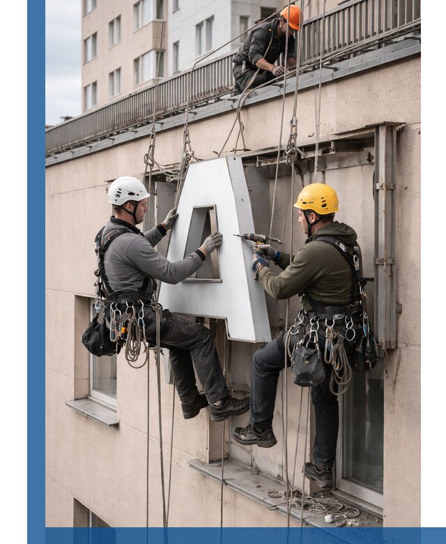 Ремонт и восстановление наружных вывесок на высоте в Балашове