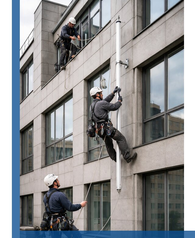 Монтаж флагштока на фасаде здания с креплением и герметикой в Балашове