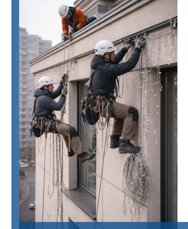 Монтаж праздничных гирлянд на фасаде в Балашове для зданий