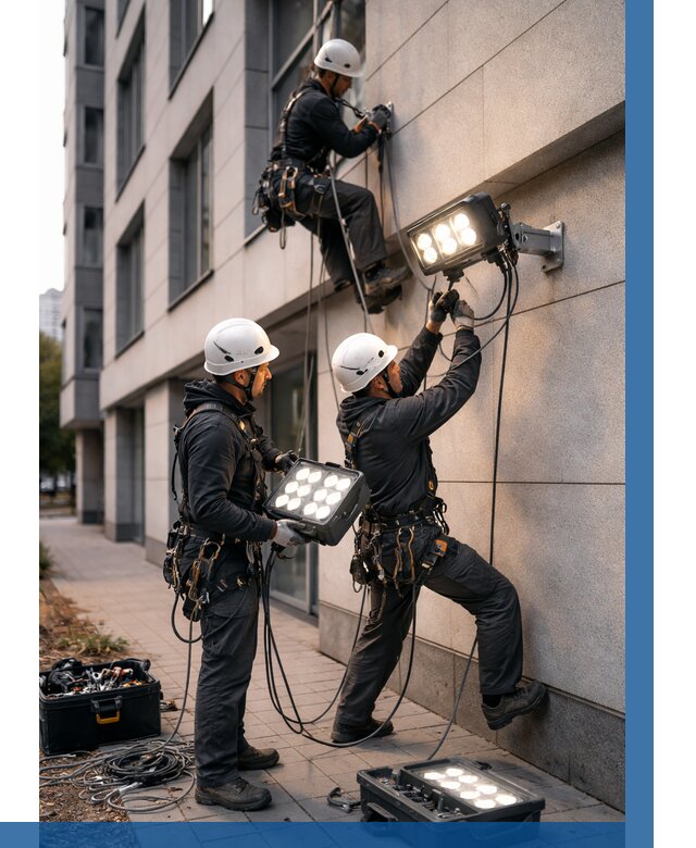 Монтаж прожекторов на фасаде в Балашове от 7627 р. | ВЫСОТНИК-Бла