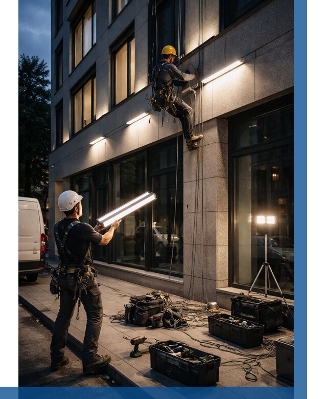 Монтаж архитектурной подсветки здания в Балашове от 2542 р.|ВЫСОТНИК-Бла