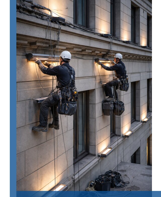 Монтаж архитектурной подсветки фасадов зданий в Балашове