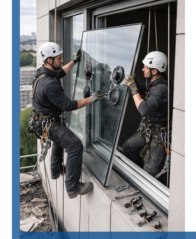 Замена стеклопакетов на высоте с промышленными альпинистами в Балашове