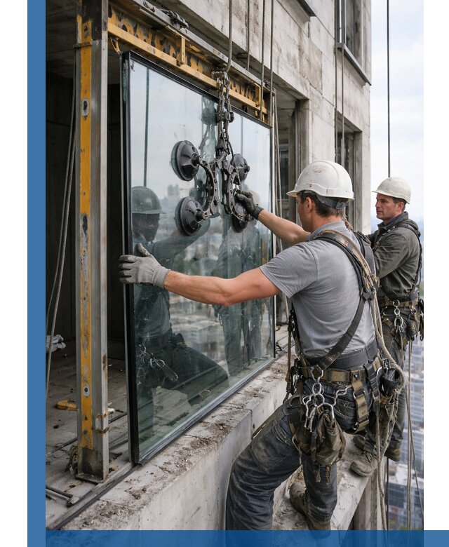 Монтаж стеклопакетов на высоте в Балашове с промышленным альпинизмом