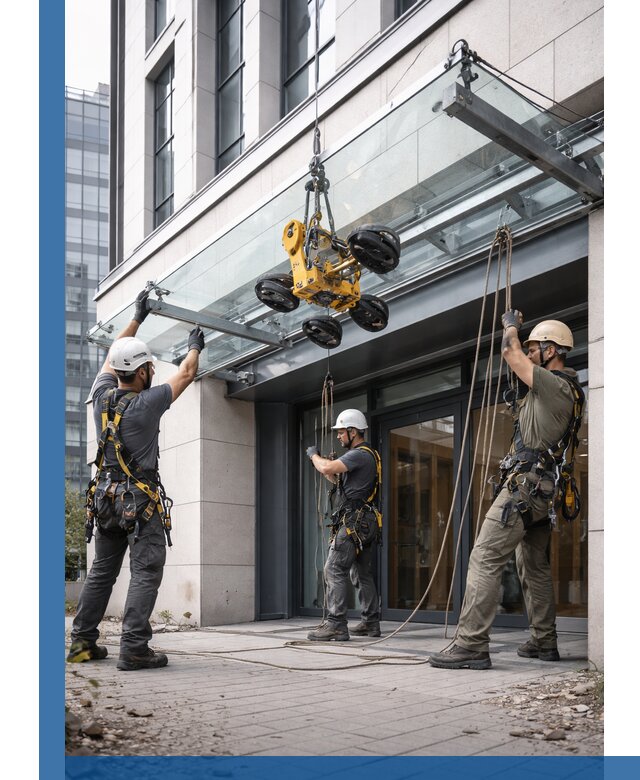 Монтаж стеклянных козырьков под ключ в Балашове для зданий