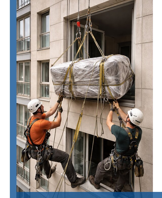 Подъем грузов через окно в Балашове промышленными альпинистами