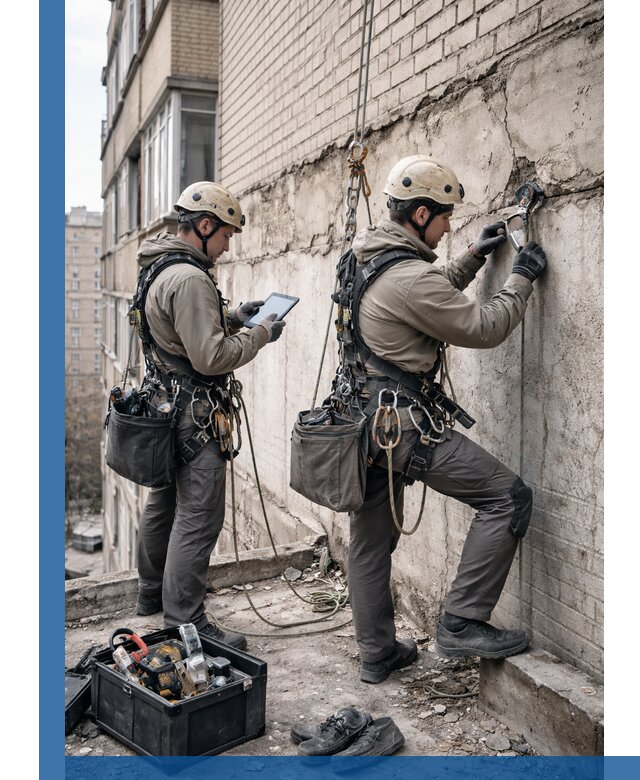 Обследование фасада промышленными альпинистами в Балашове